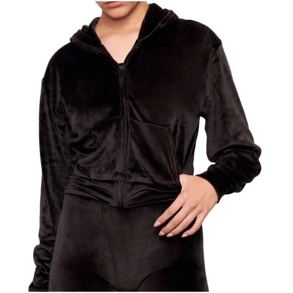 Skims Velour Zip Up Cropped Hoodie in Black - Picture 3 of 8